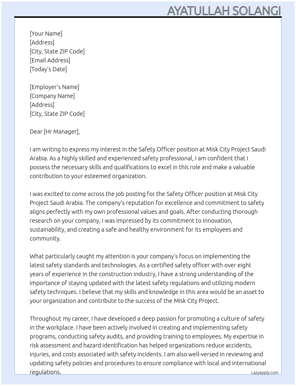 Safety Officer  At Misk City Project Saudi Arabia Cover Letter