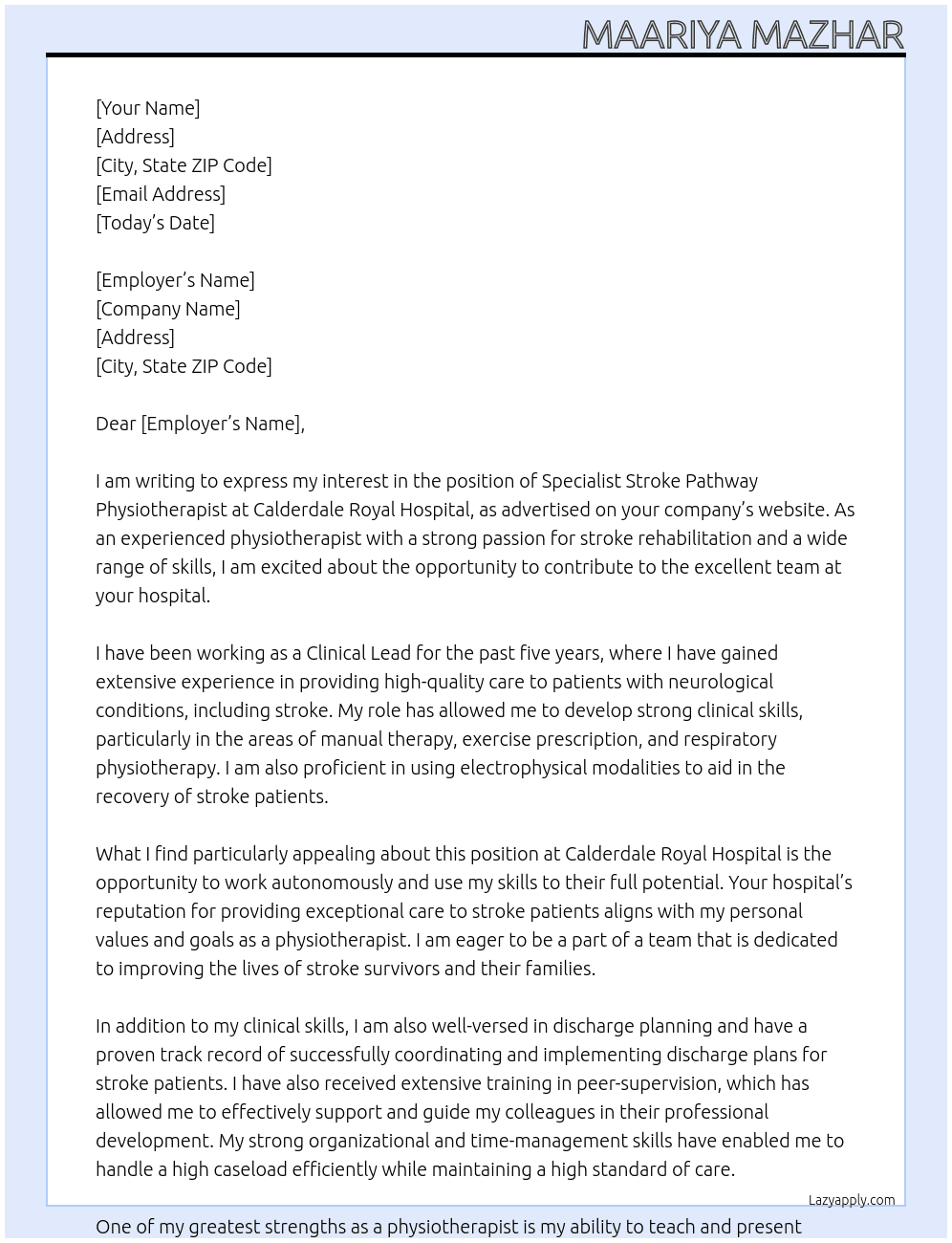 Specialist Stroke Pathway Physiotherapist  At Calderdale Royal Hospital Cover Letter