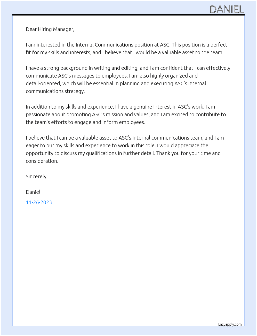Internal Communications At ASC Cover Letter