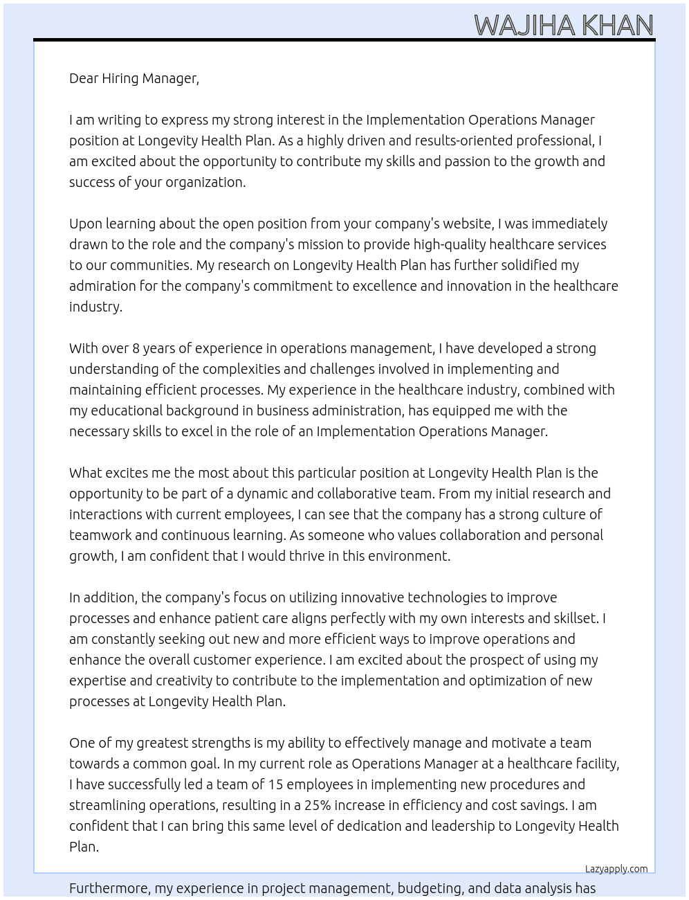 Implementation Operations Manager At Longevity Health Plan Cover Letter