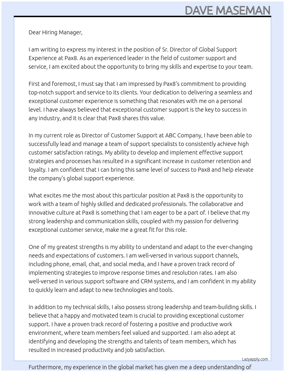 Sr. Director of Global Support Experience At Pax8 Cover Letter