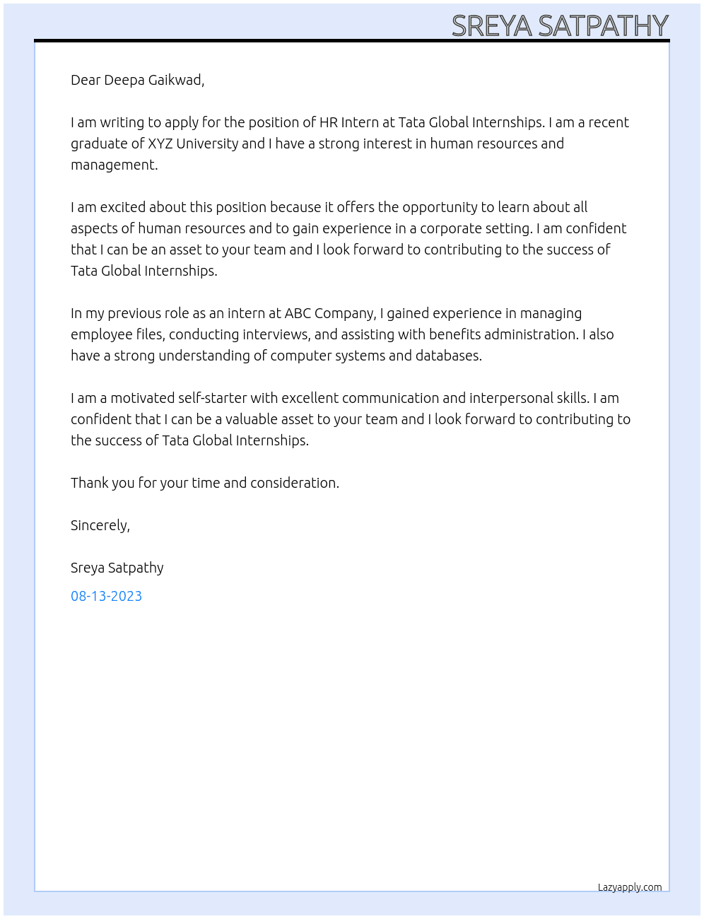 HR Intern At TATA GLOBAL INTERNSHIPS Cover Letter