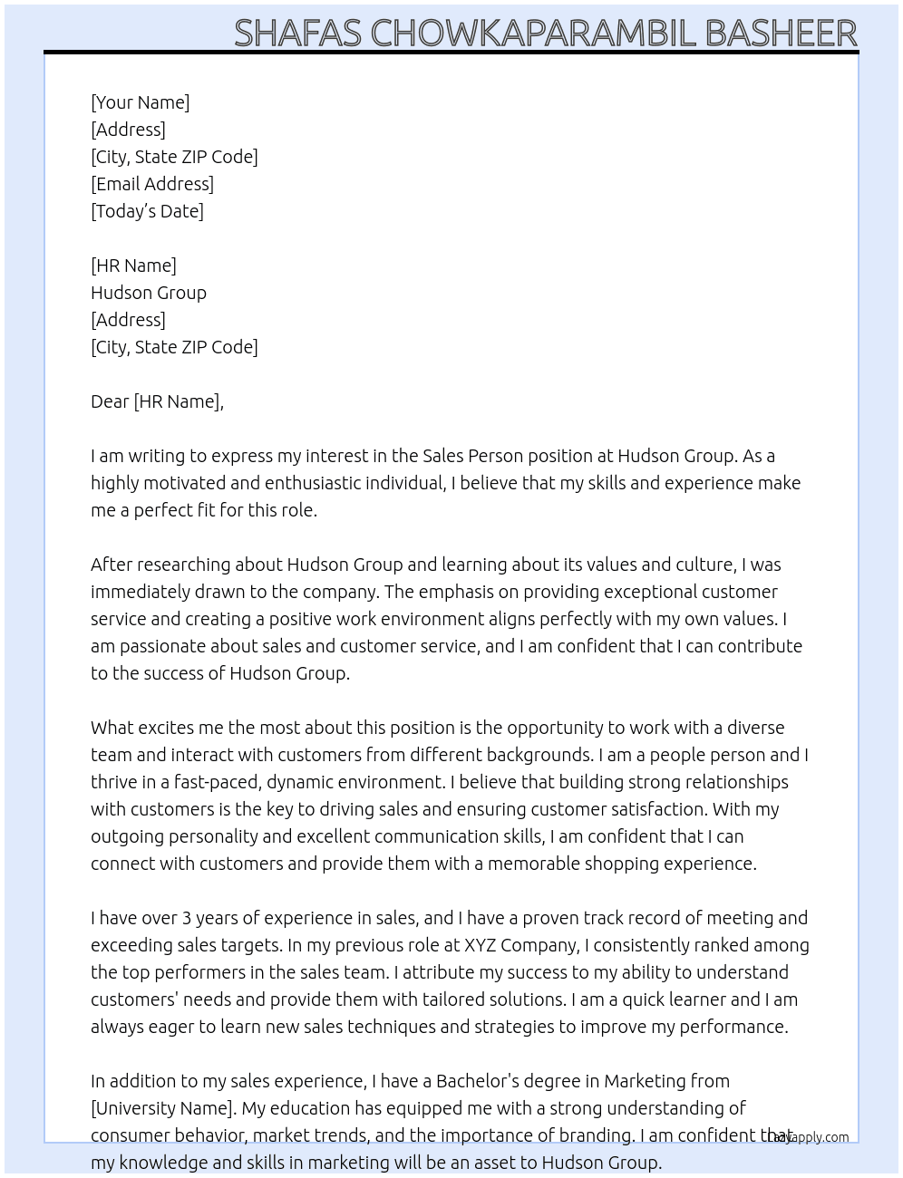Sales Person At Hudson Group Cover Letter