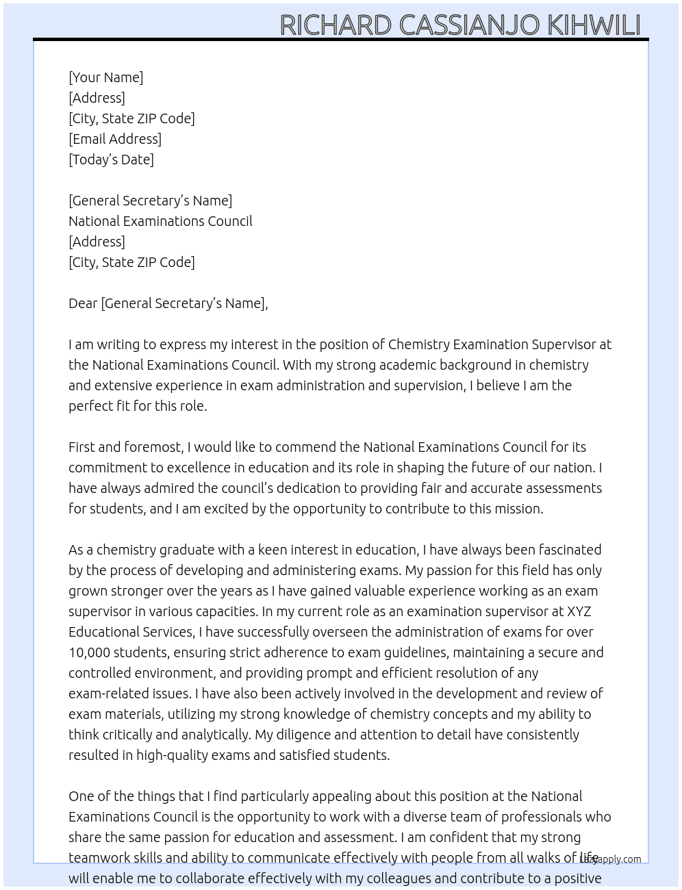 Chemistry examination supervisor  At National Examinations Council  Cover Letter