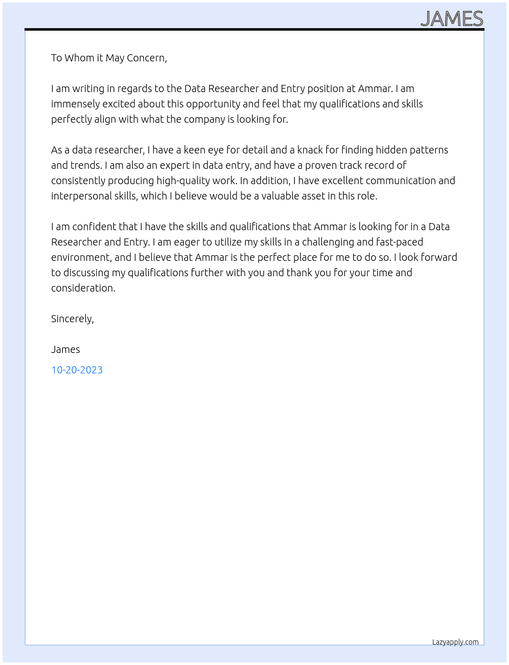 Data Researcher and Entry At Ammar Cover Letter
