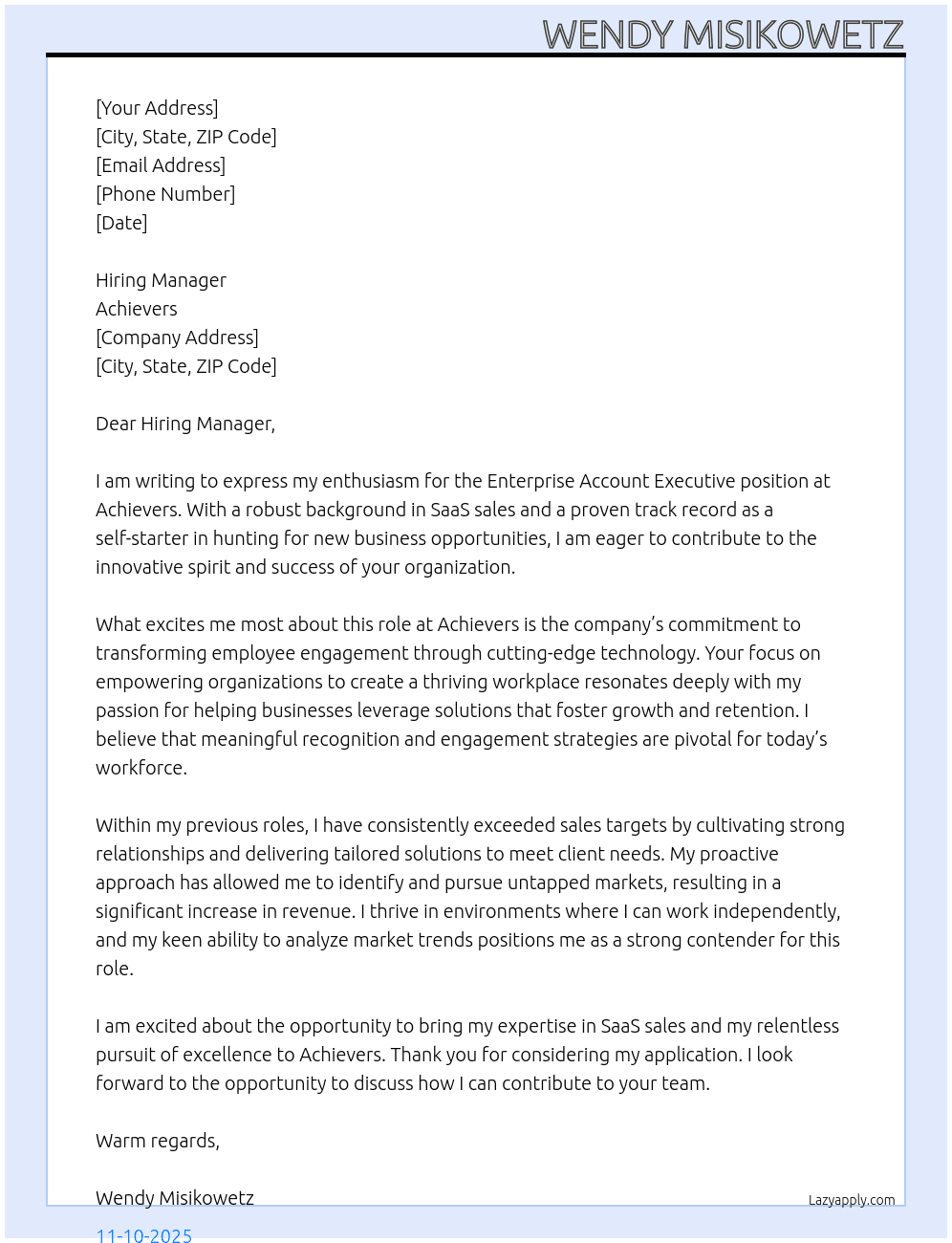 Enterprise Account Executive At Achievers Cover Letter