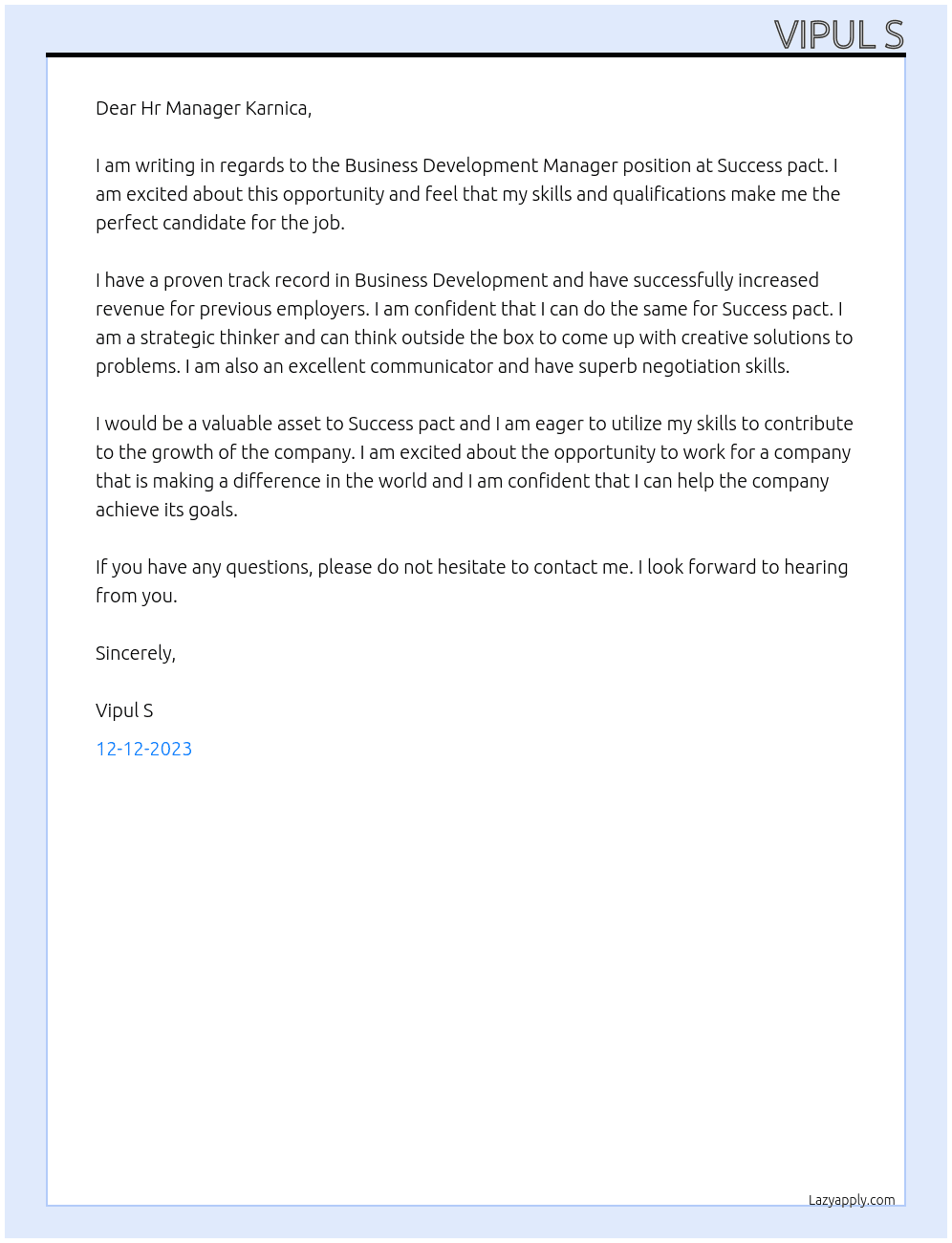 Business Development Manager At Success pact Cover Letter