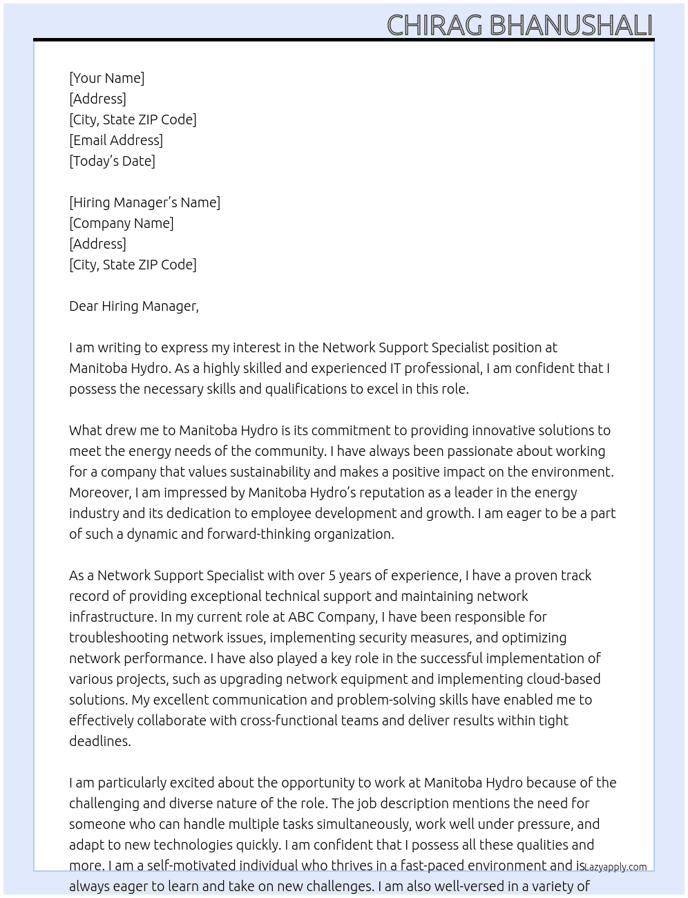 NETWORK SUPPORT SPECIALIST At Manitoba Hydro Cover Letter