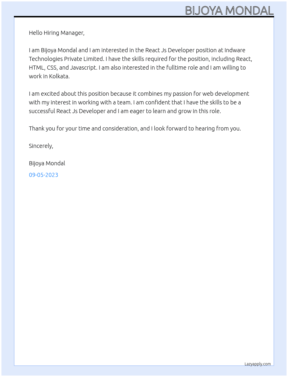 React Js Developer JD At Indware Technologies Private Limited Cover Letter