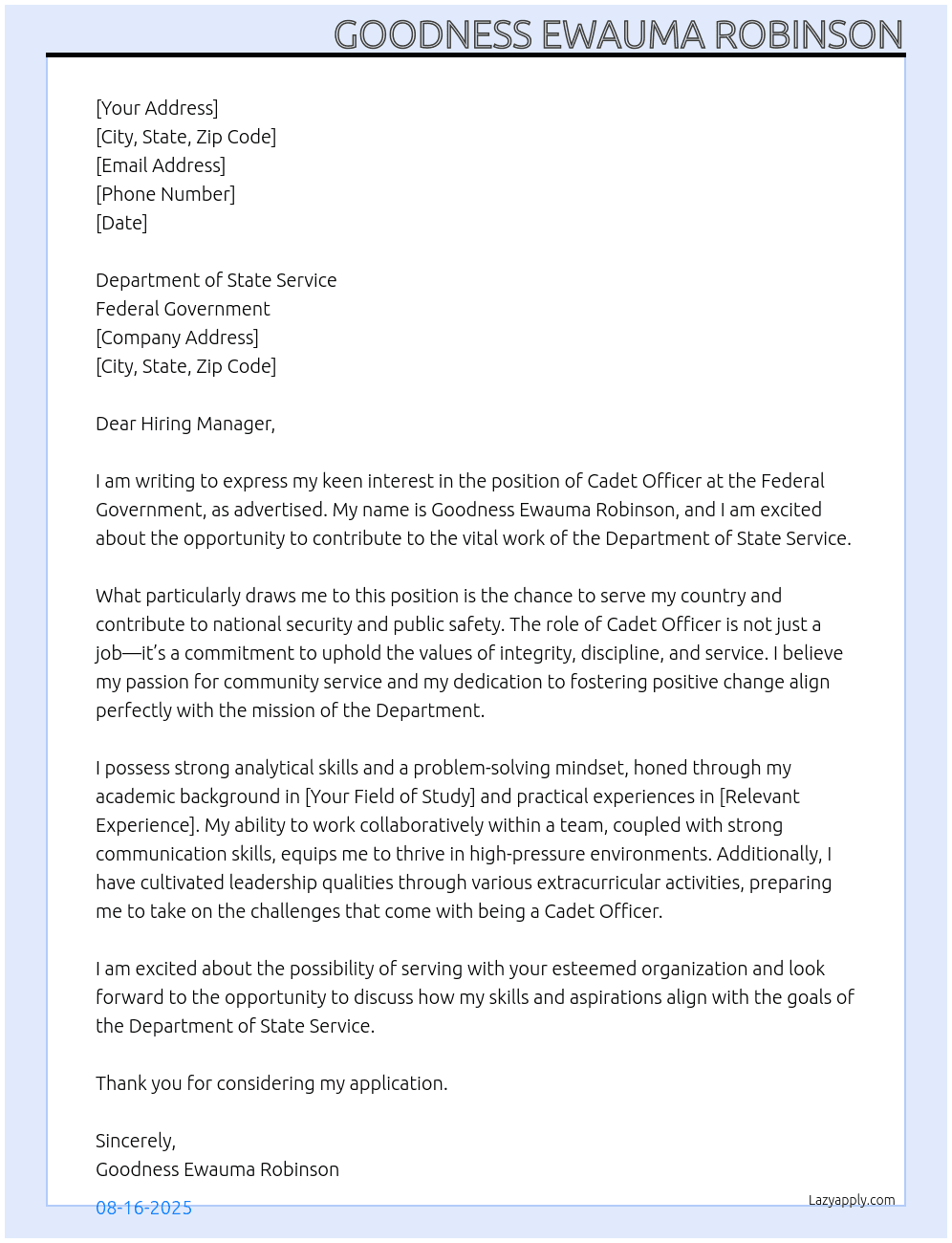 cadet officer At federal government Cover Letter