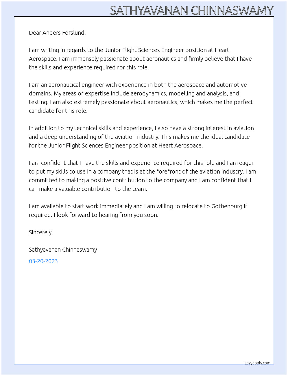 Junior Flight Sciences Engineer At Heart Aerospace Cover Letter