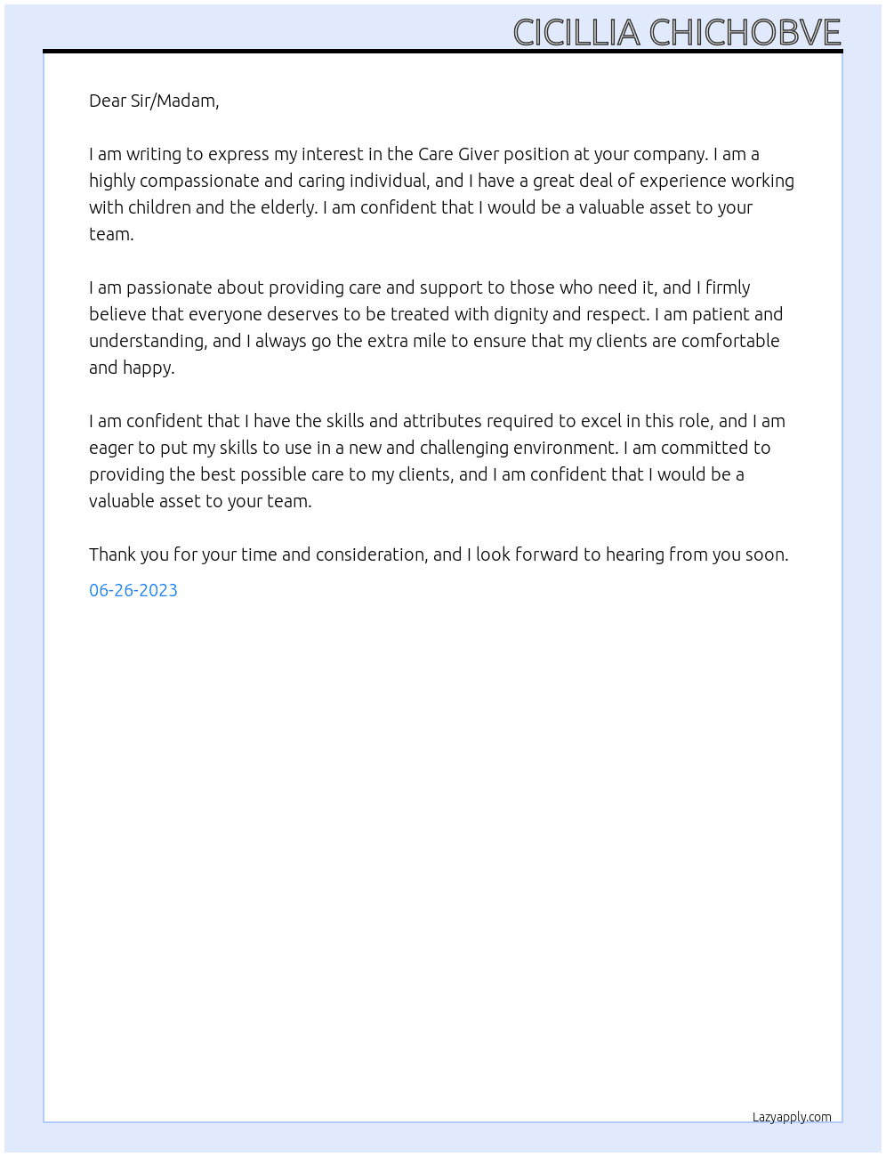 Care Giver At .. Cover Letter