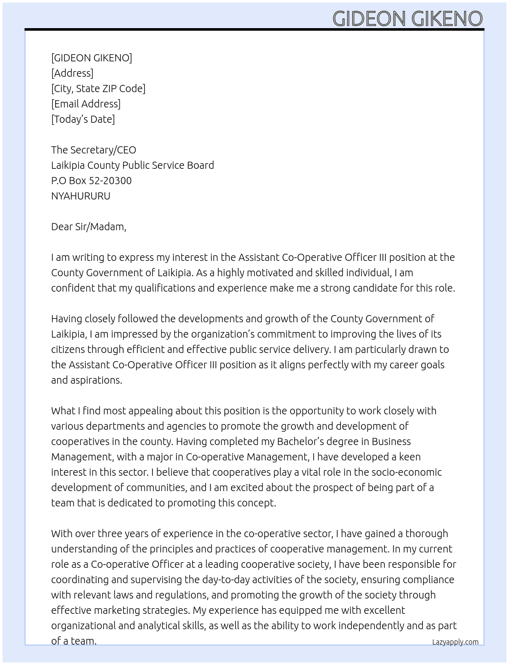 Assistant Co-Operative Officer III At COUNTY GOVERNMENT OF LAIKIPIA Cover Letter