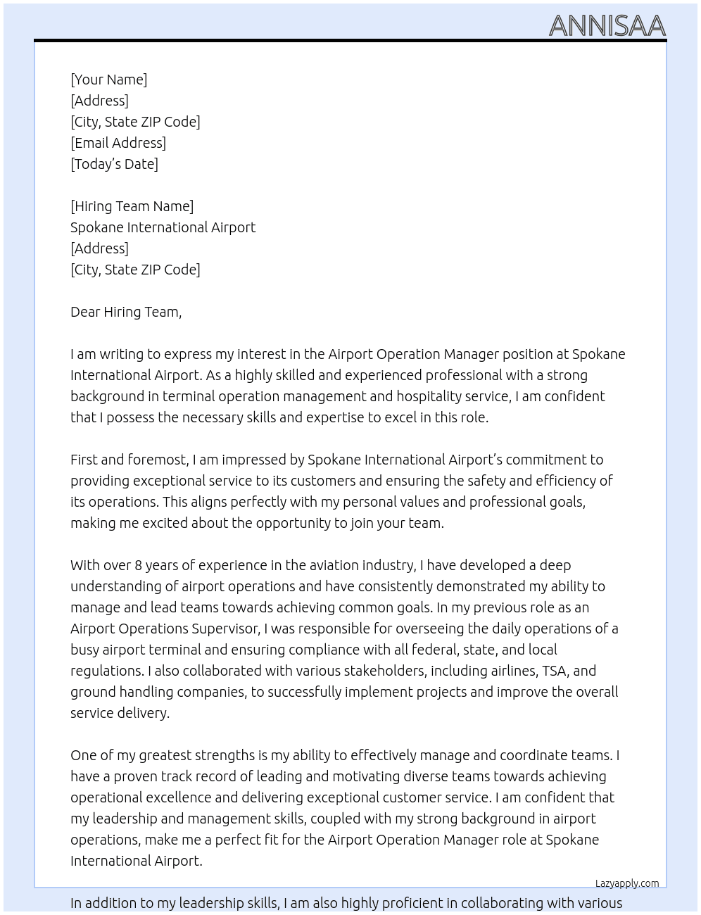 Airport Operation Manager At Spokane International Airport Cover Letter