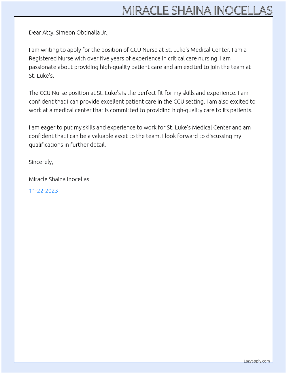 ccu nurse At st lukes medical center  Cover Letter