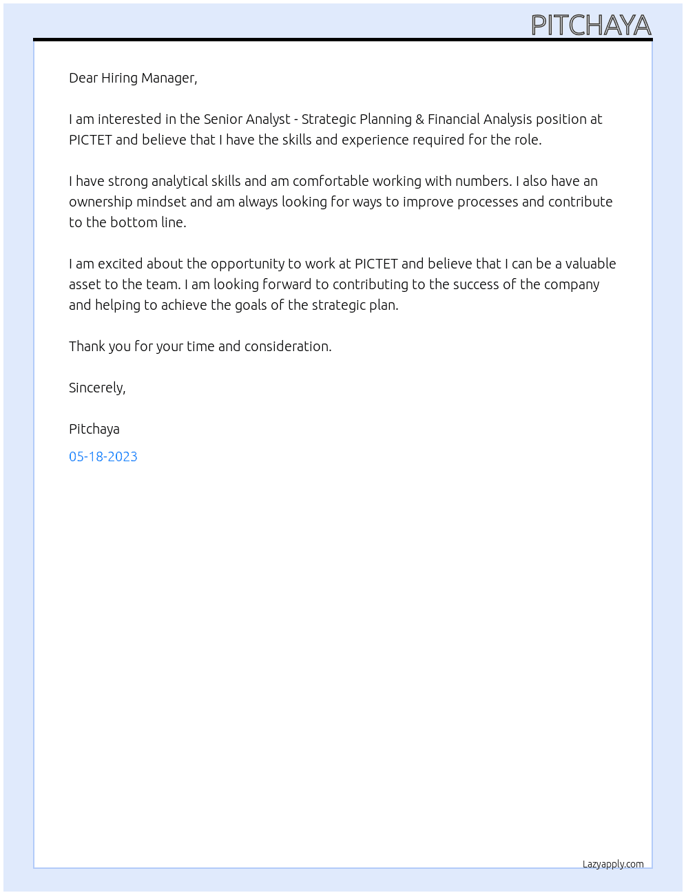 Senior Analyst - Strategic Planning & Financial Analysis At PICTET Cover Letter