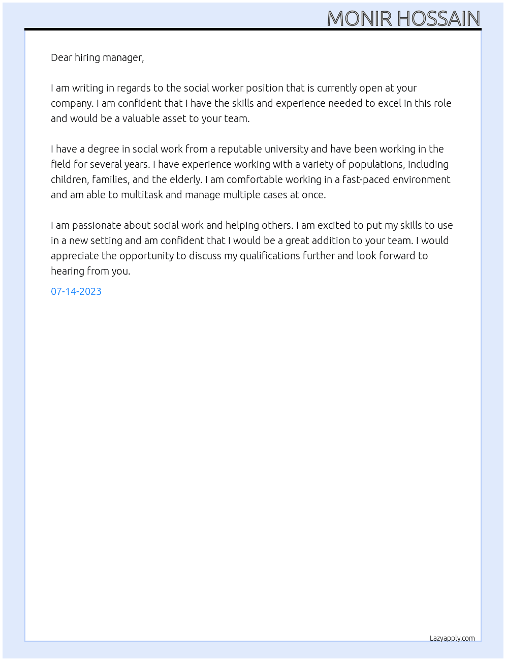 Social Worker At Department of Social Services Cover Letter