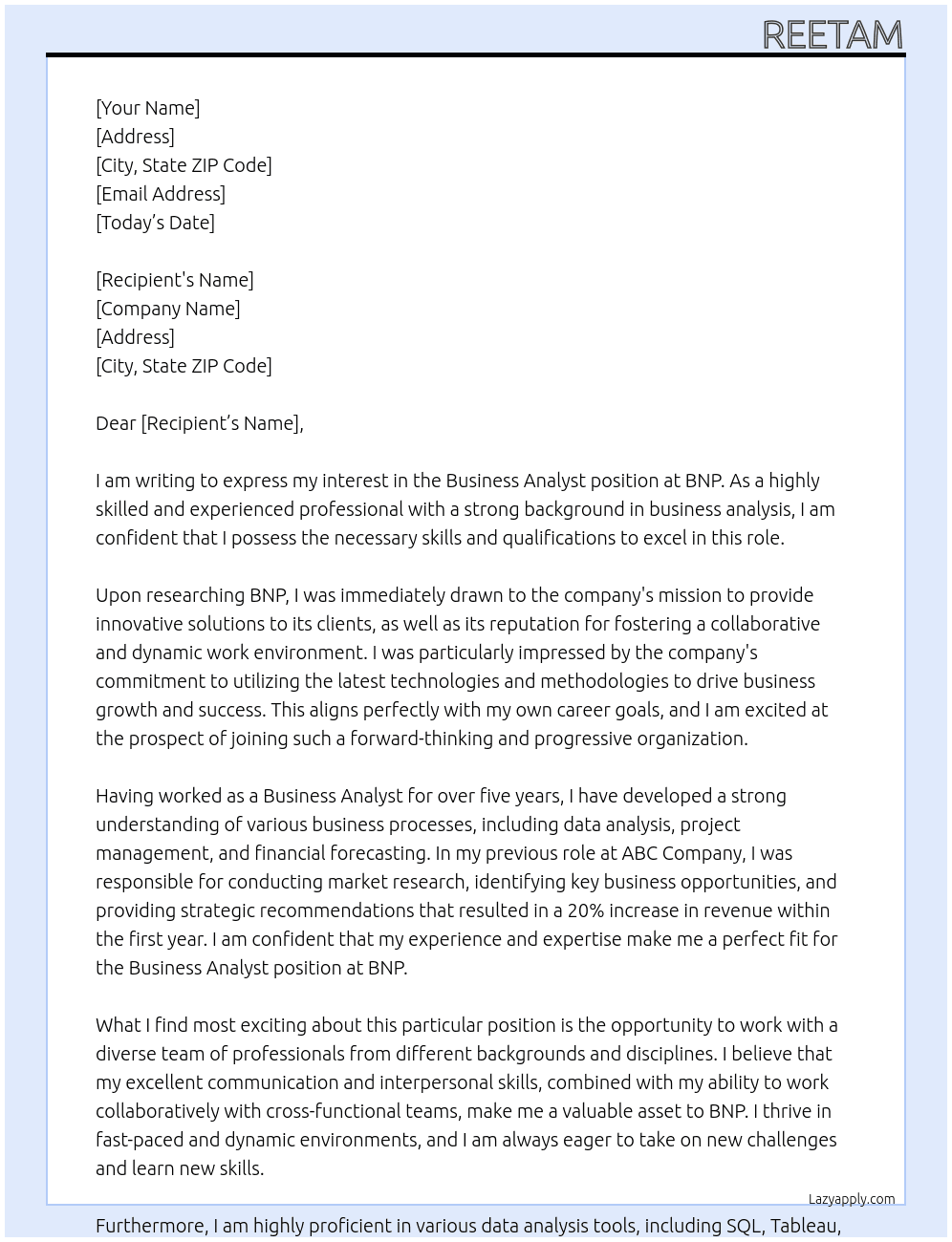 Business Analyst At BNP Cover Letter