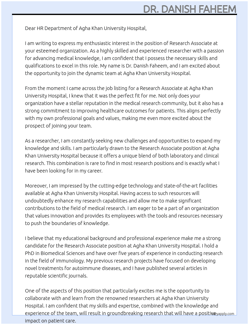 research associate At Agha Khan University Hospital Cover Letter