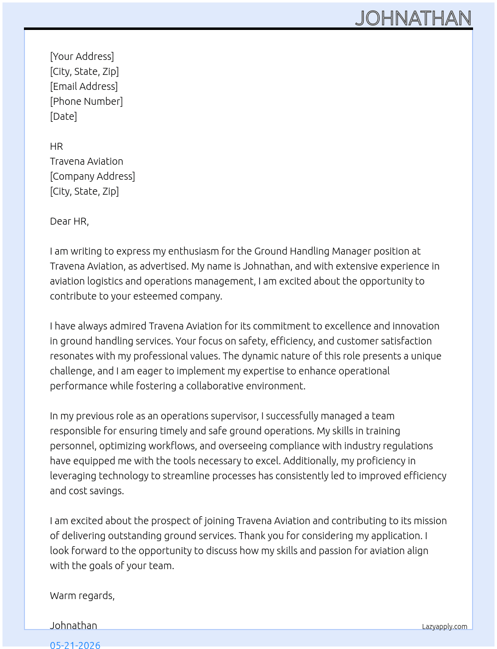 ground handling manager At travena aviation Cover Letter