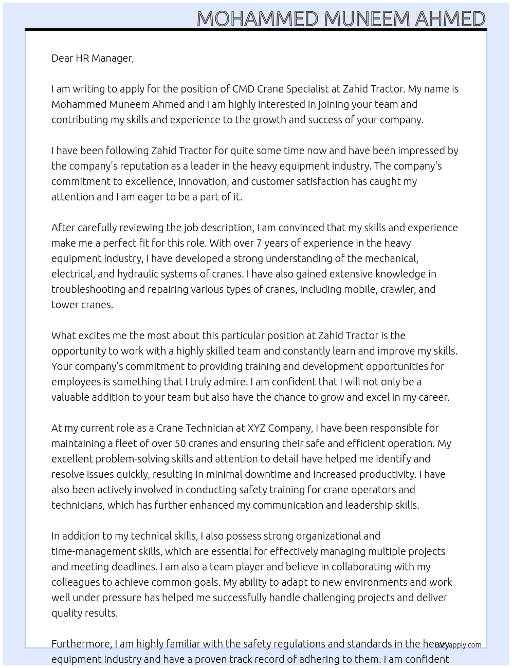 CMD Crane specialist At Zahid Tractor Cover Letter