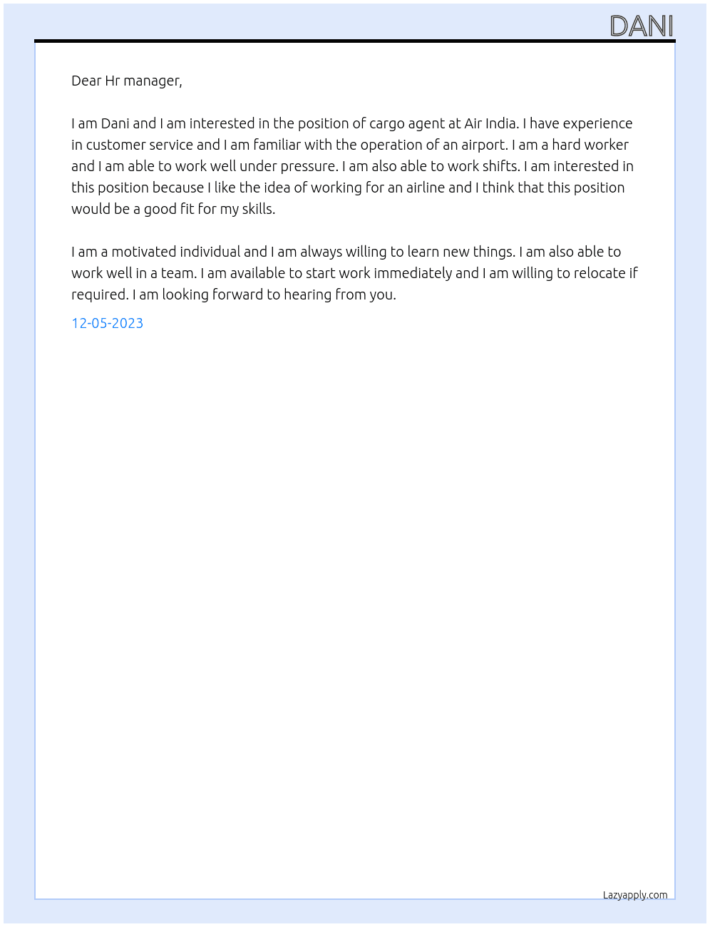 Cargo agent At Air india Cover Letter
