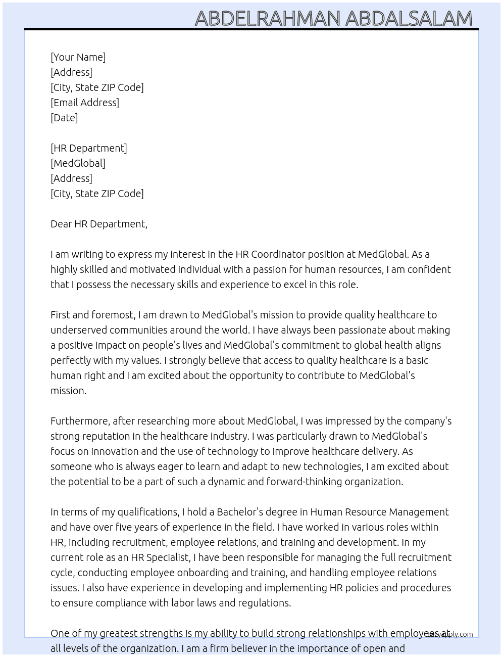 HR Coordinator At MedGlobal Cover Letter