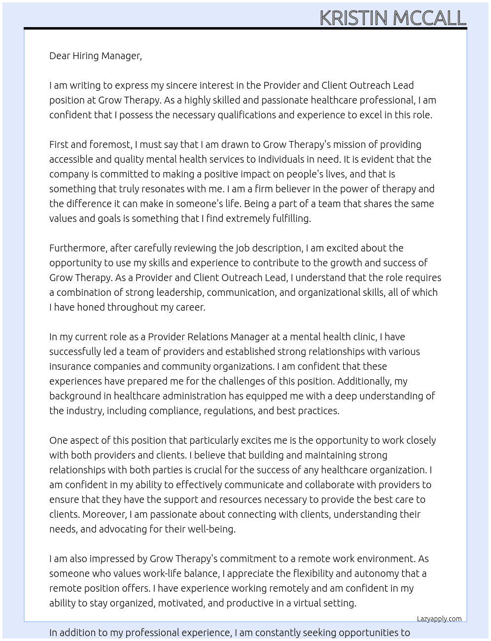Provider and Client Outreach Lead At Grow Therapy Cover Letter