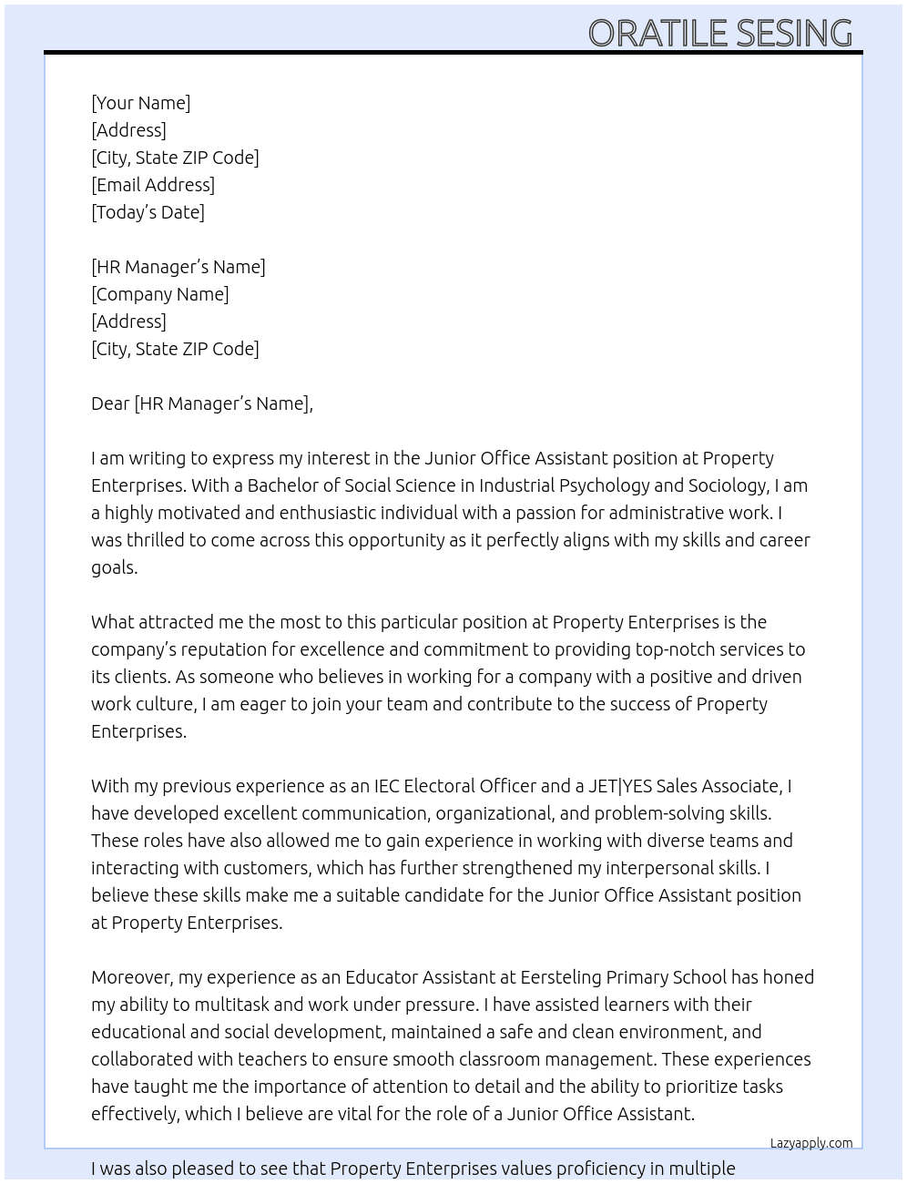 JUNIOR office assistant  At Property enterprises  Cover Letter