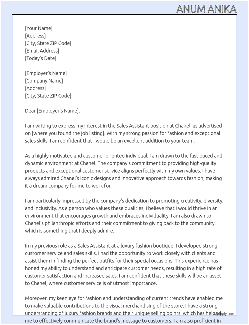 Sales assistant  At Chanel  Cover Letter