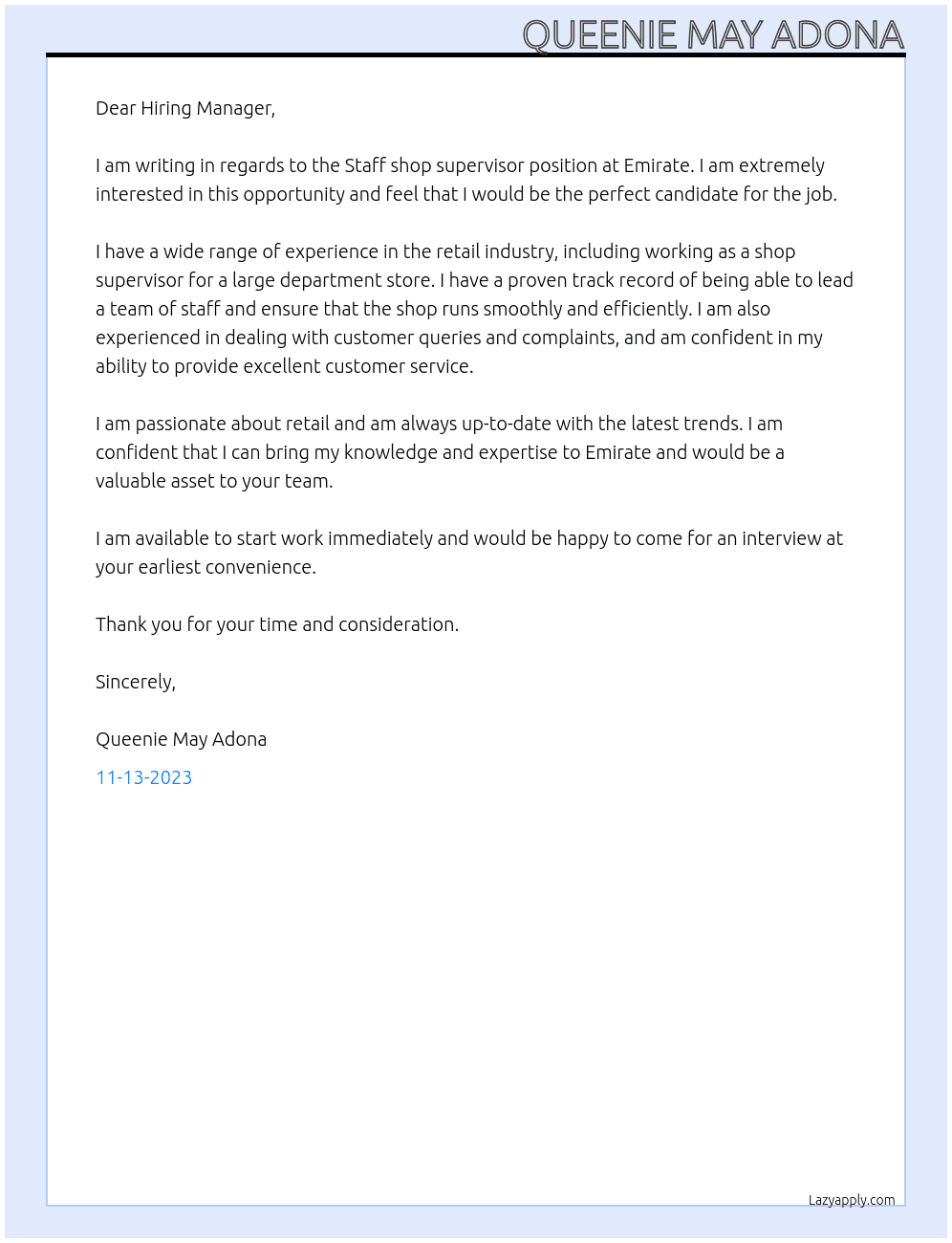 Staff shop supervisor At Emirate Cover Letter