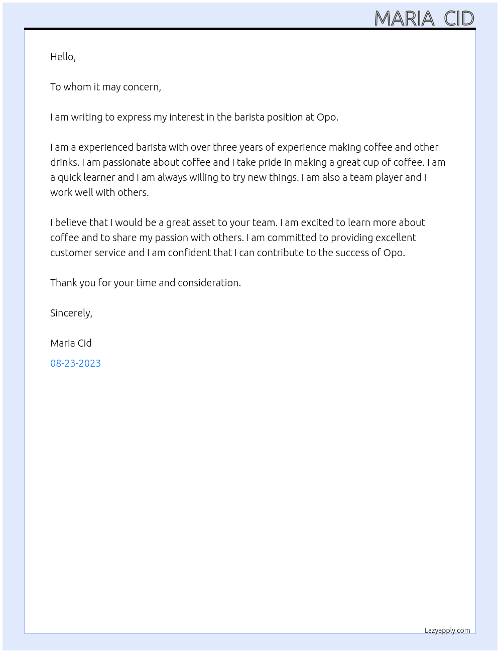 Barista At Opo Cover Letter