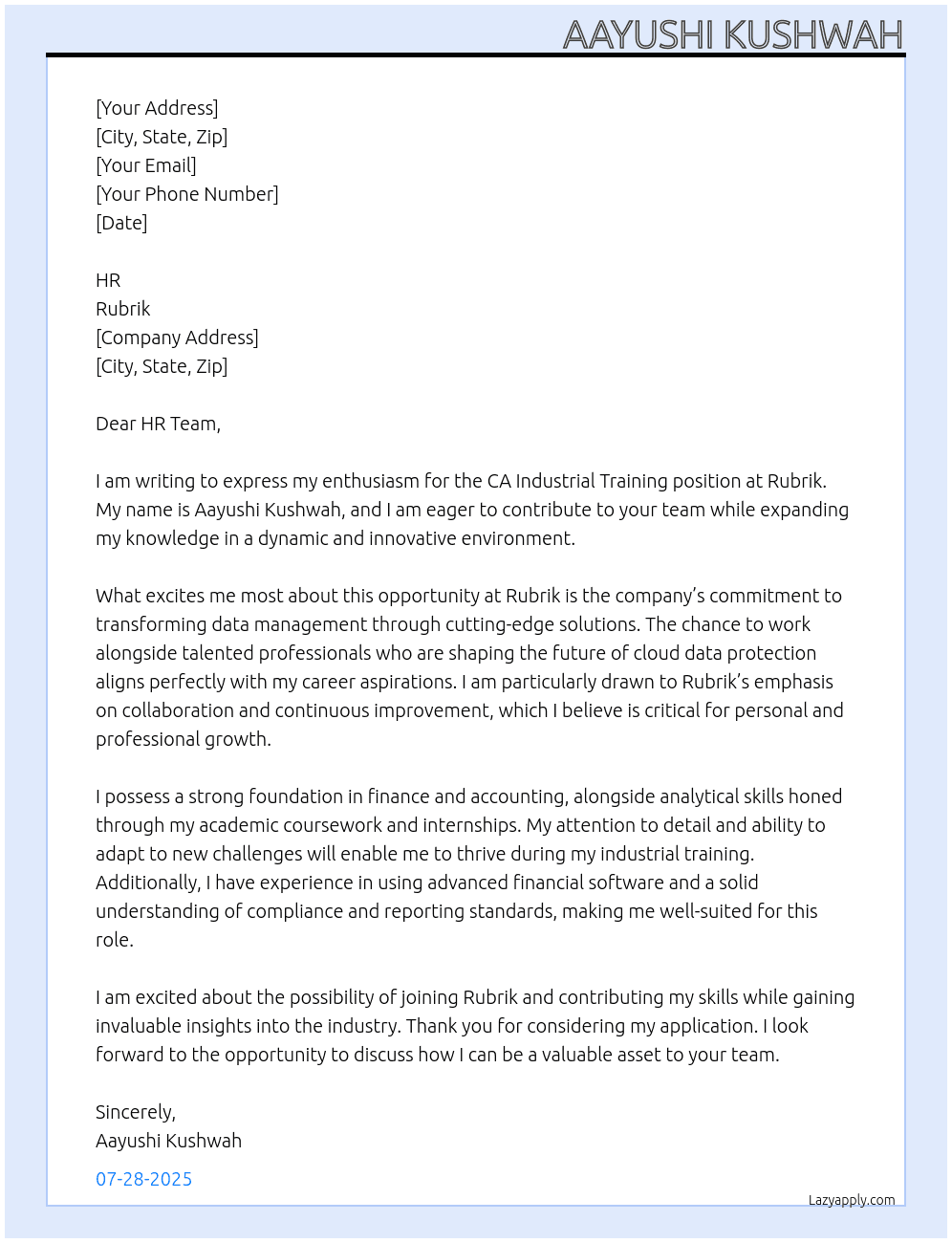 CA industrial training At Rubrik Cover Letter