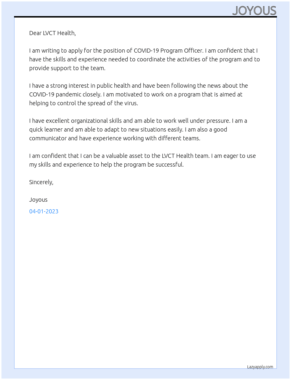 COVID-19 PROGRAM OFFICER At LVCT Health Cover Letter