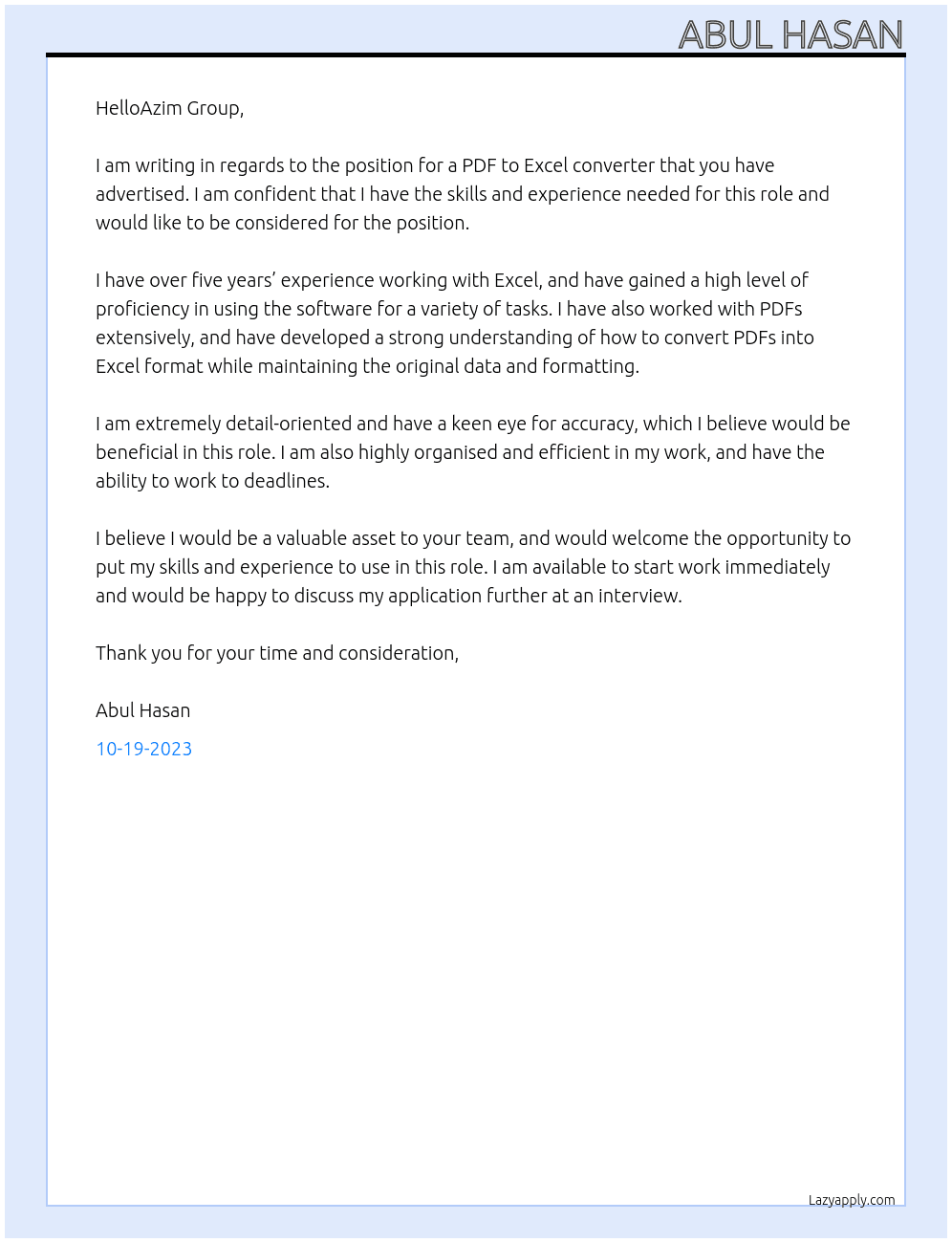 pdf to excel At azim group Cover Letter
