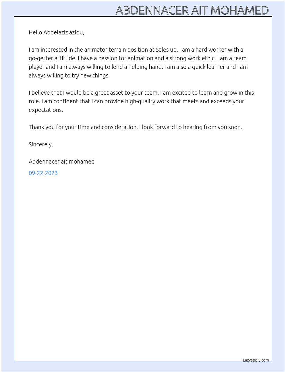 Animator terrain At Sales up Cover Letter