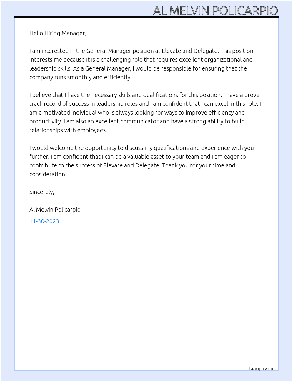 General manager At Elevate and Delegate Cover Letter