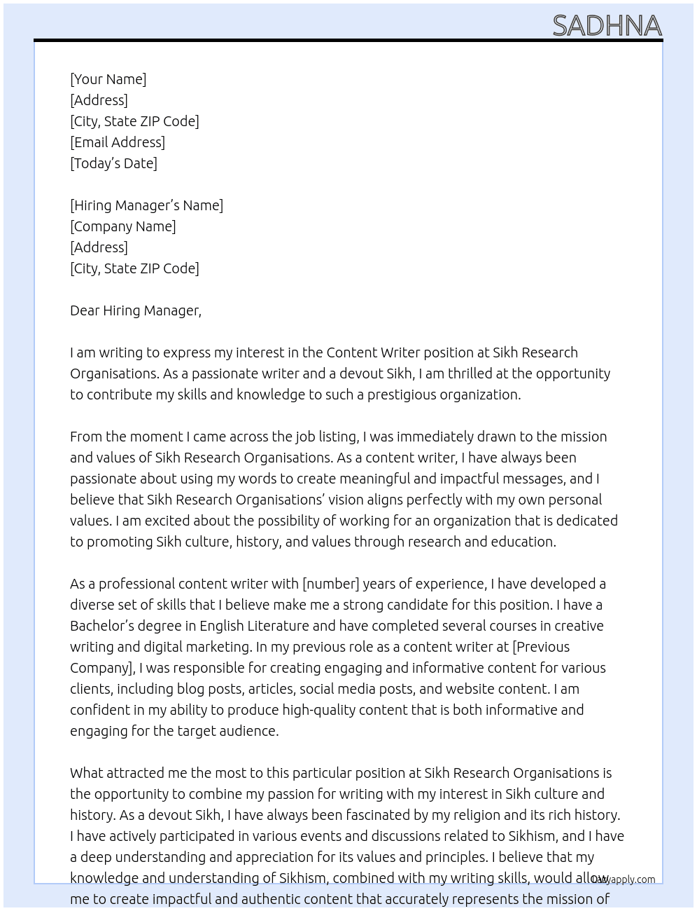 Content writer  At Sikh research organisations  Cover Letter