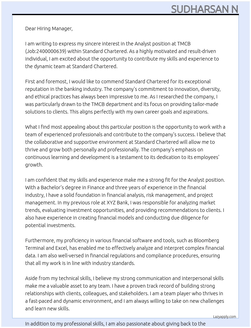 Analyst, TMCB (Job:2400000639) At Standard Chartered  Cover Letter