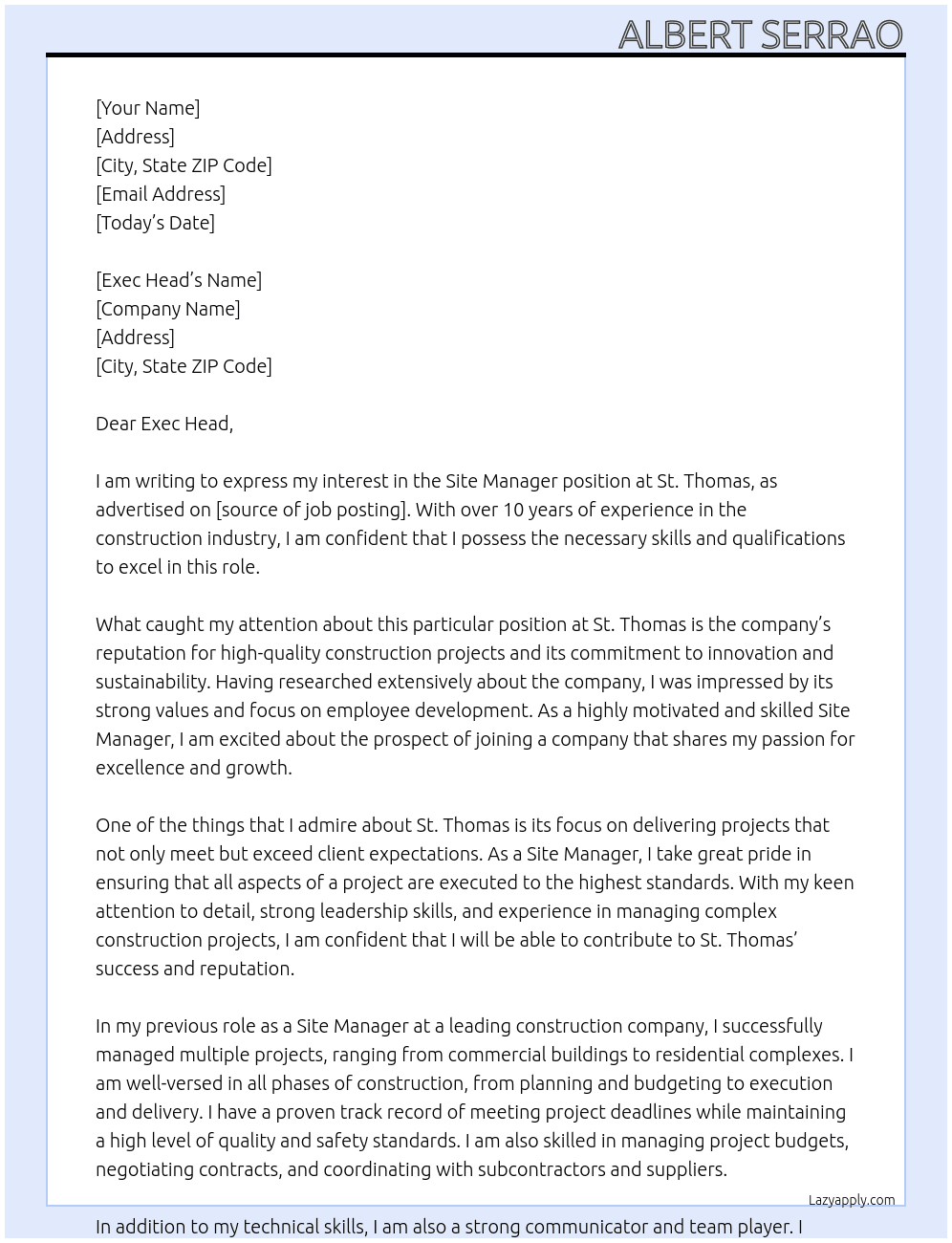 Site manager  At St Thomas  Cover Letter