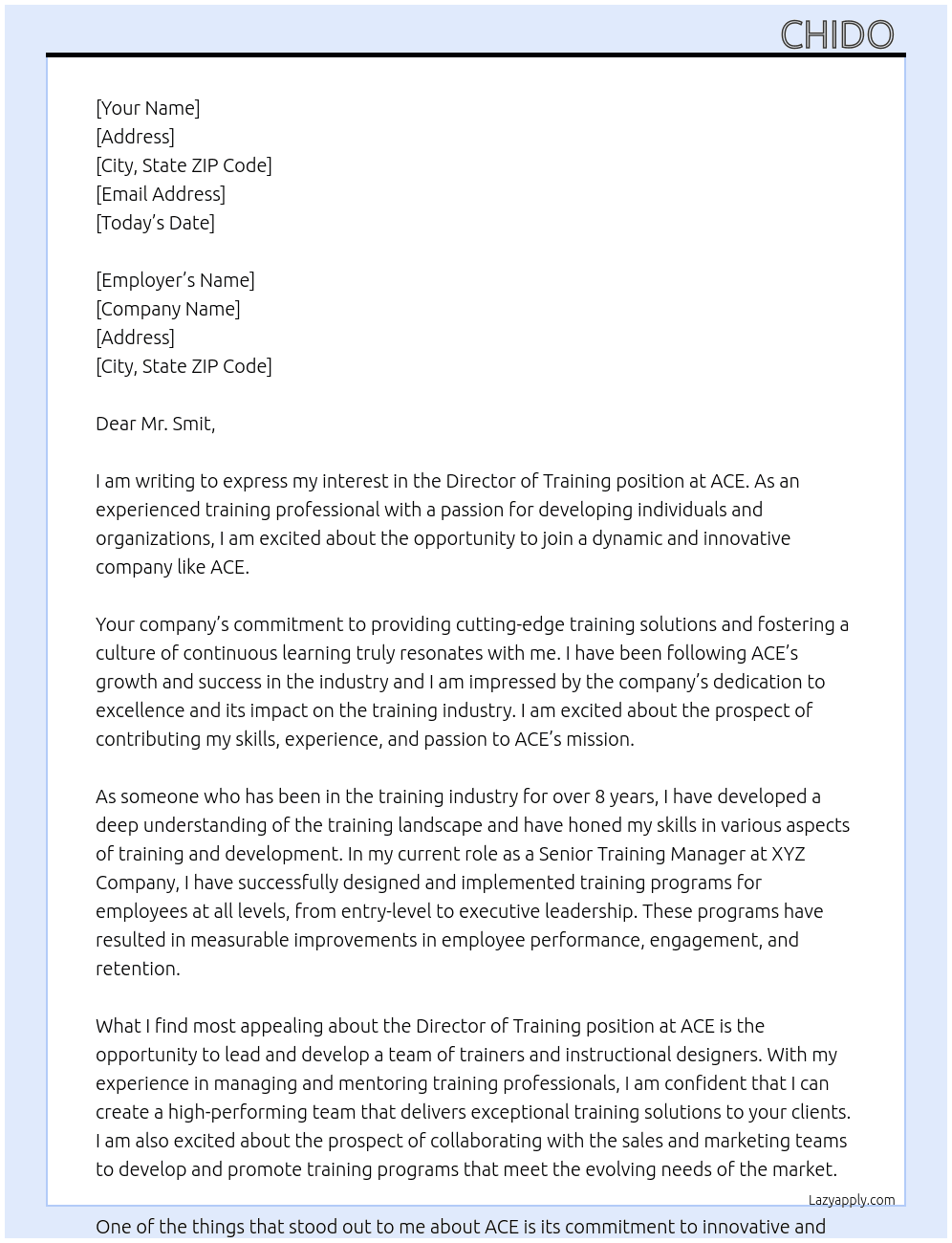 Director of training  At ACE Cover Letter