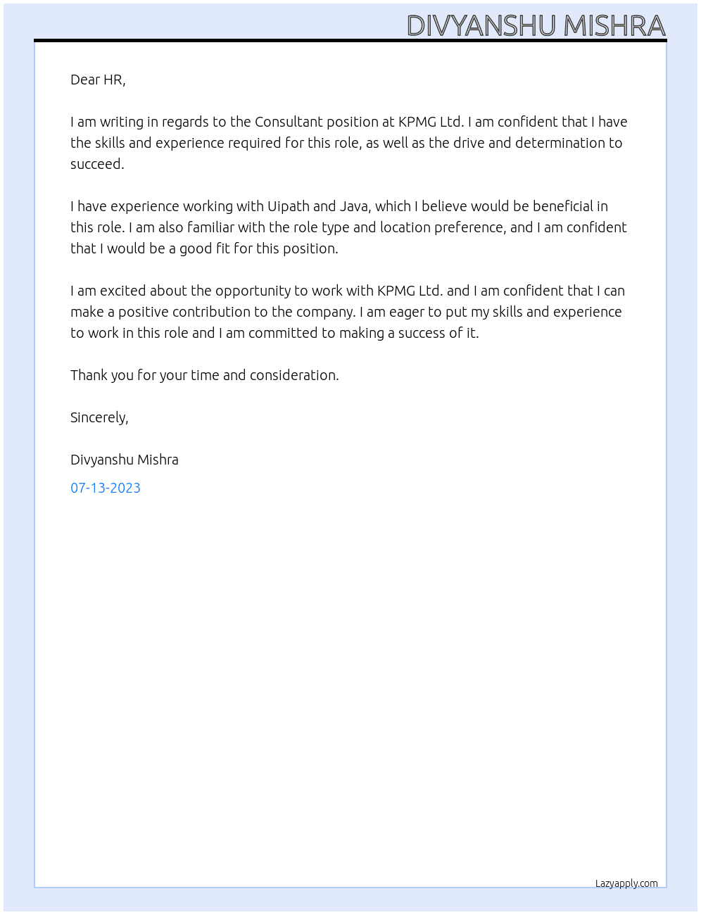 Consultant  At KPMG ltd. Cover Letter
