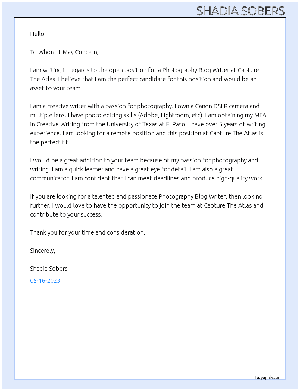 Photography Blog Writer At Capture The Atlas Cover Letter