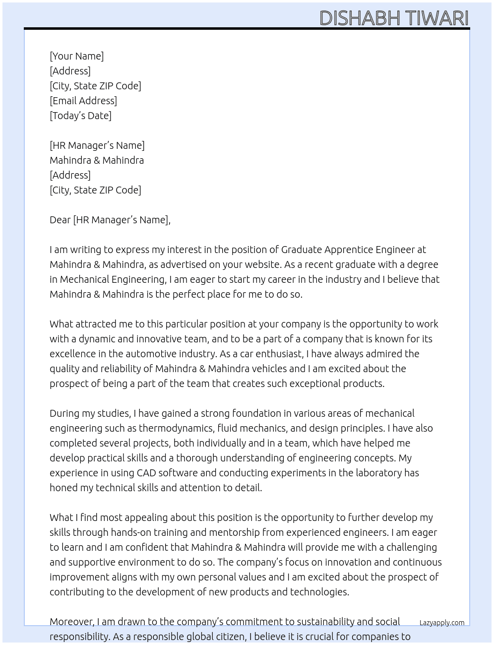 graduate apperentice engiineer At Mahindra & Mahindra Cover Letter