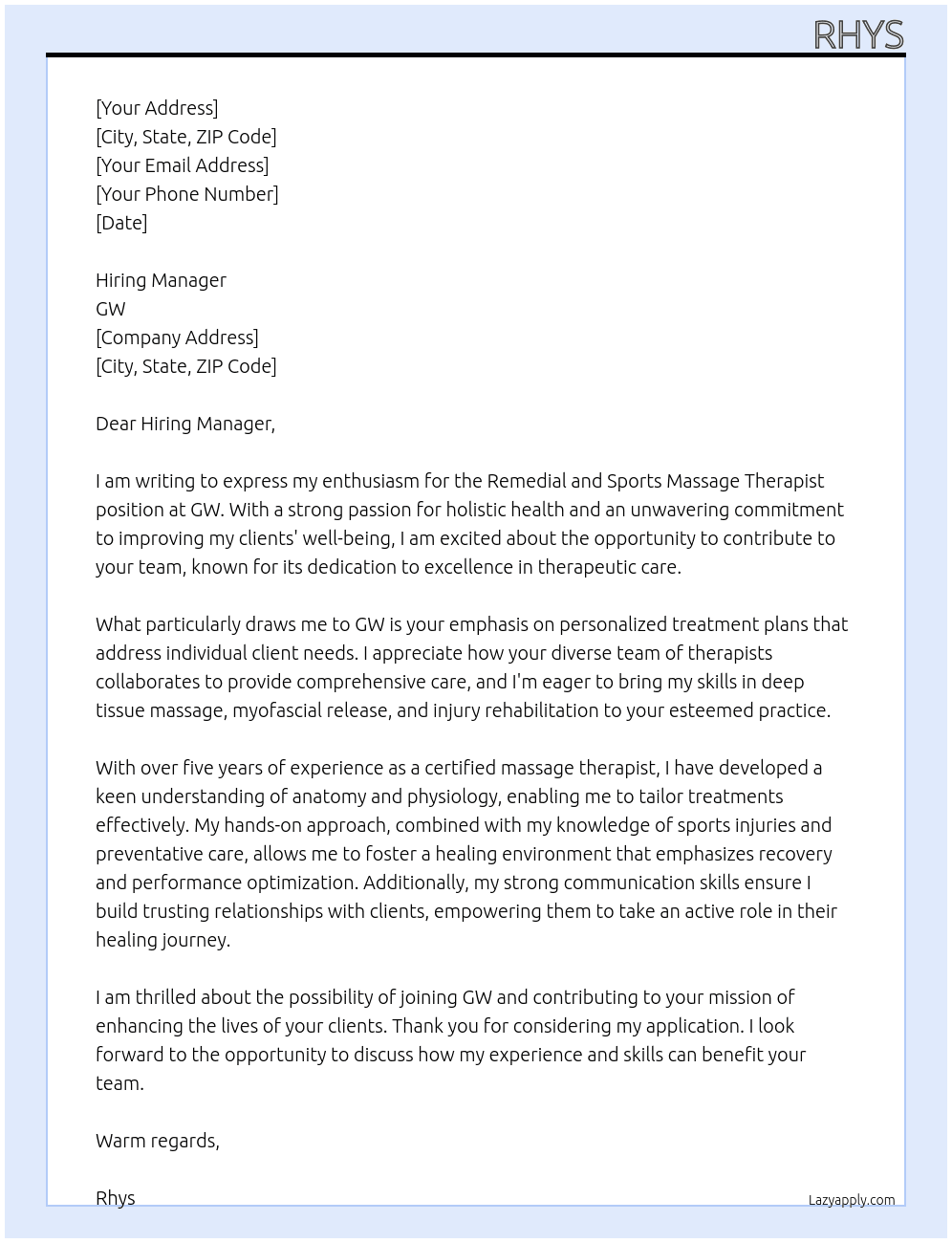 Remedial and Sports Massage Therapist  At GW Cover Letter