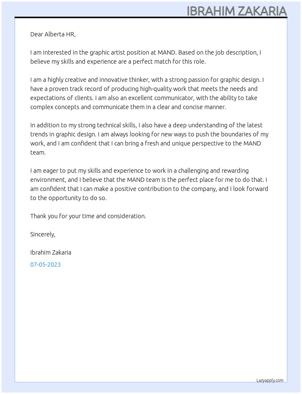 GRAPHIC ARTIST At MAND Cover Letter