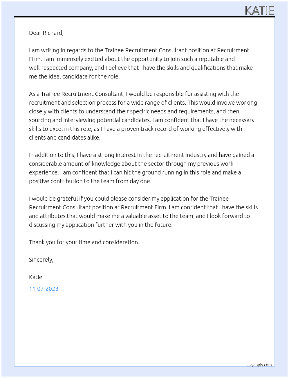Trainee Recruitment Consultant At Recruitment Firm Cover Letter