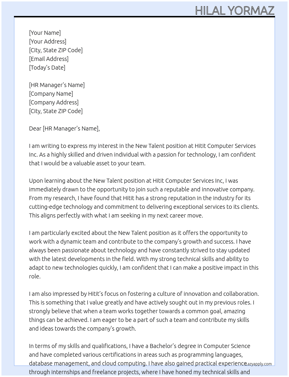 NEW TALENT At Hitit Computer Services Inc Cover Letter