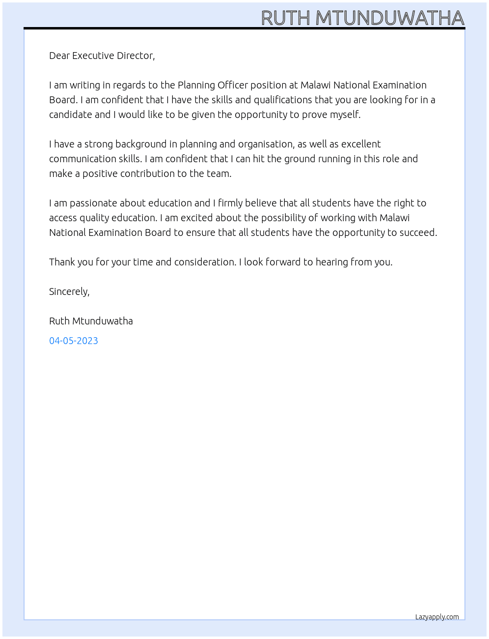 Planning Officer At Malawi National Examination Board Cover Letter