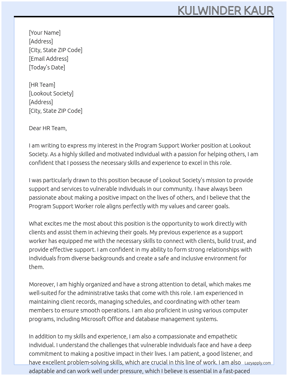 Cover letter for program support worker - LazyApply
